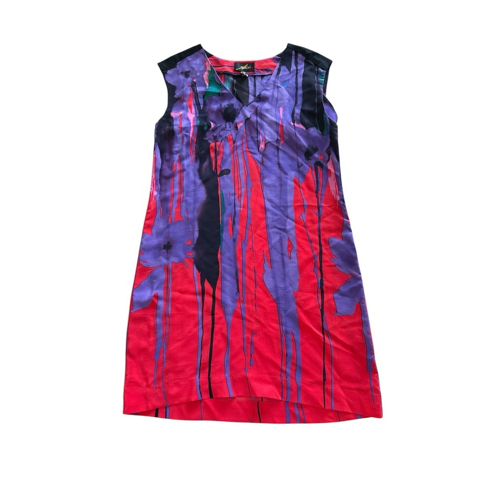 Akiko 100% Silk Shift Dress Small Pink Purple Made In USA V Neck‎ Sleeveless